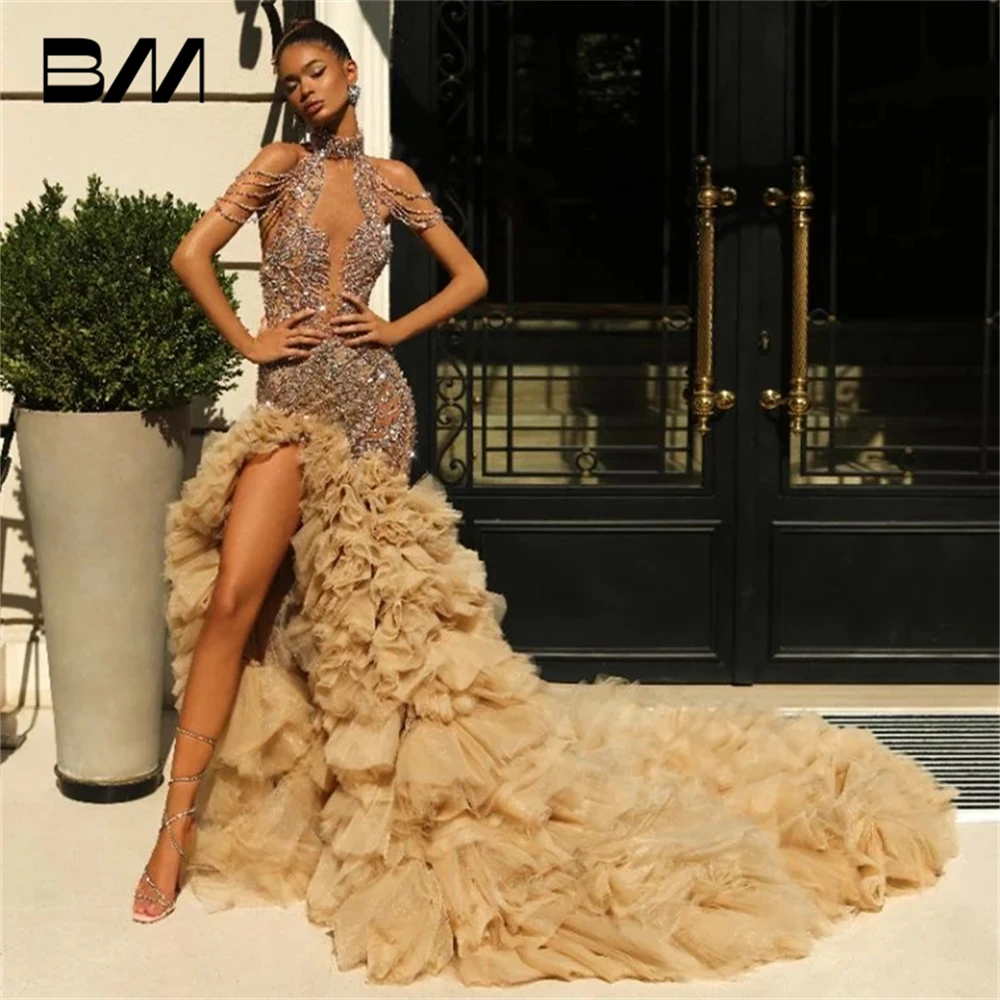 Luxury Long Train Beaded Prom Dress For Women Halter Neck Rhinestones Sexy Illusion Women's Evening Dresses Formal Gown