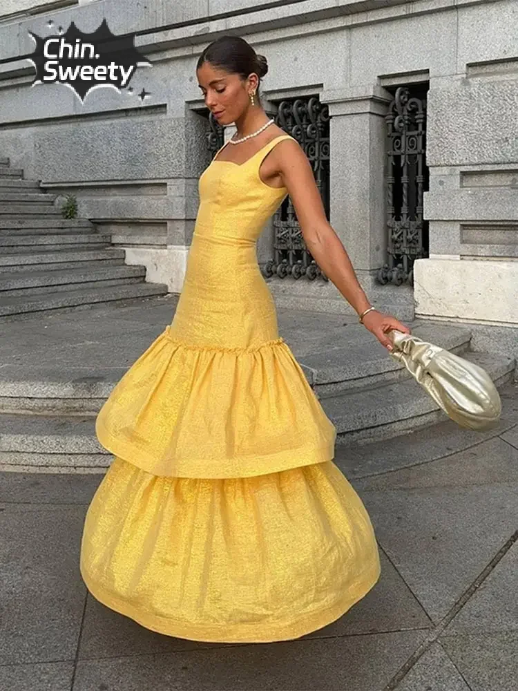 Yellow Bubble Backless Ruffles Layer A-line Dress  Square Neck Hem Sling Long Vestidos Fashion Elegant Evening Party Dresses