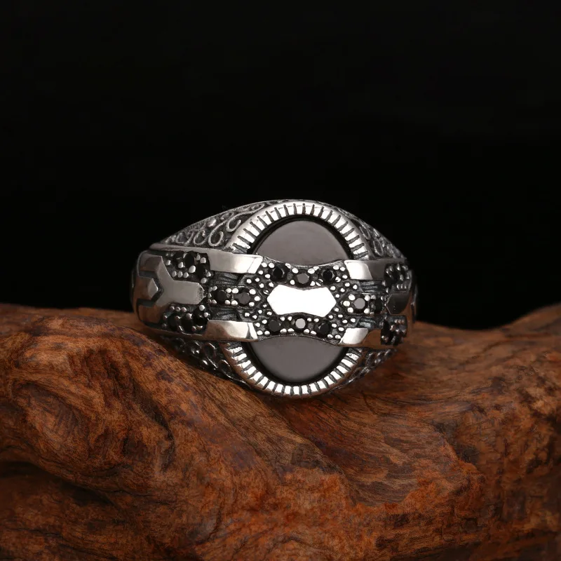 S925 Sterling Silver Black Oval Agate Adjustable Ring Punk Style Old Process Free Size Women Fine Jewelry FYRNG165