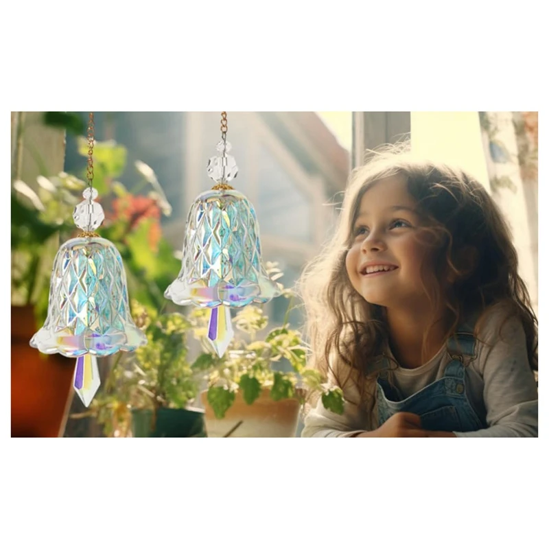 Transparent Crystal Bell Ornaments Suncatchers Rainbow Maker, Set Of 2 Glass Wind Chimes Pendants Home Decor Durable Easy To Use