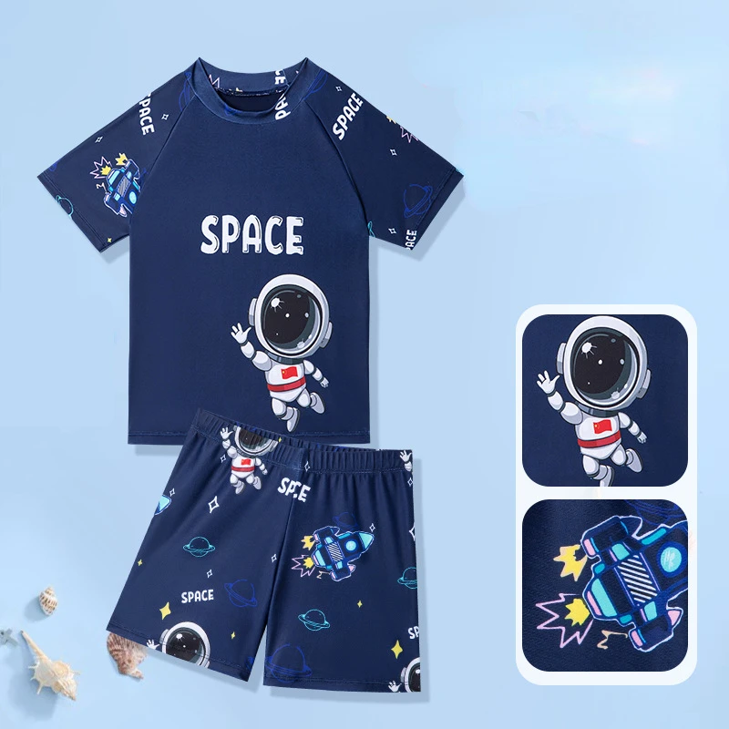 

Printed Astronaut Swimsuit for Boys, Small Spaceship, Teenage Children's Two Piece Swim Suit, Student Training Swimwear, 2-14Y