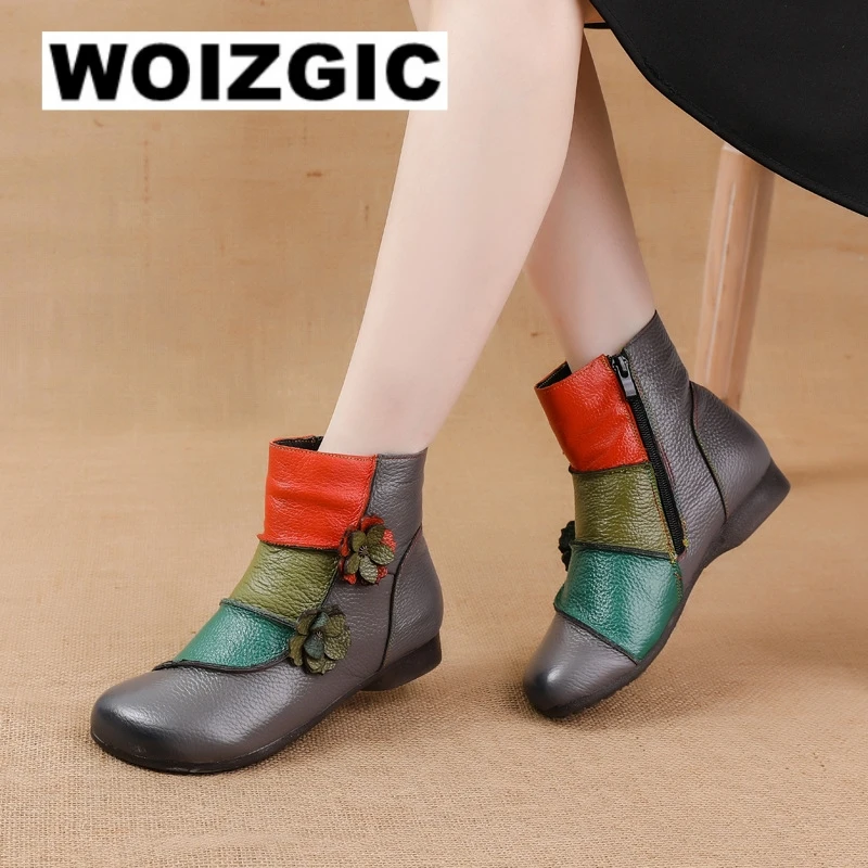 

WOIZGIC Mother Women's Genuine Leather Boots Female Ankle Shoes Zipper Ethnic Style Autumn Plush Fur Warm Flower