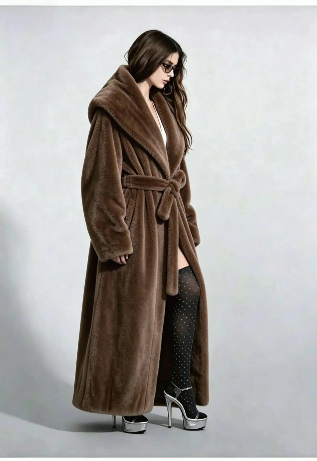Long Coats Women Faux Fur Jackets Turn Down Collar Coat Thick Warm Y2k Streetwear Jacket Work Lace Up Tight Waist Autumn Winter
