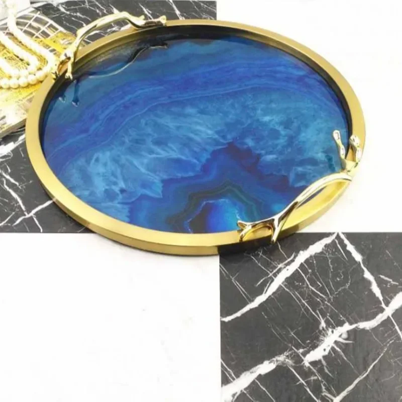 European light luxury blue agate pattern metal storage tray cup tea tray living room entrance decorative storage tray ornament
