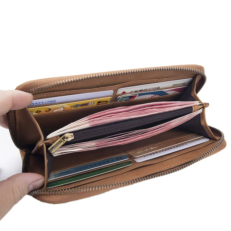 Men's wallet - genuine leather long-style zipper leather wallet, wild horse top-grain cowhide, retro casual leather bag