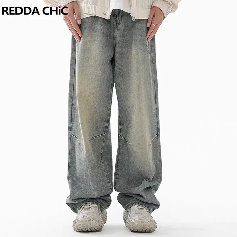 

REDDACHIC Plus Size Men's Baggy Jeans Distressed Vintage Light Wash Whiskers Cleanfit Pintuck Wide Leg Pants Casual Streetwear