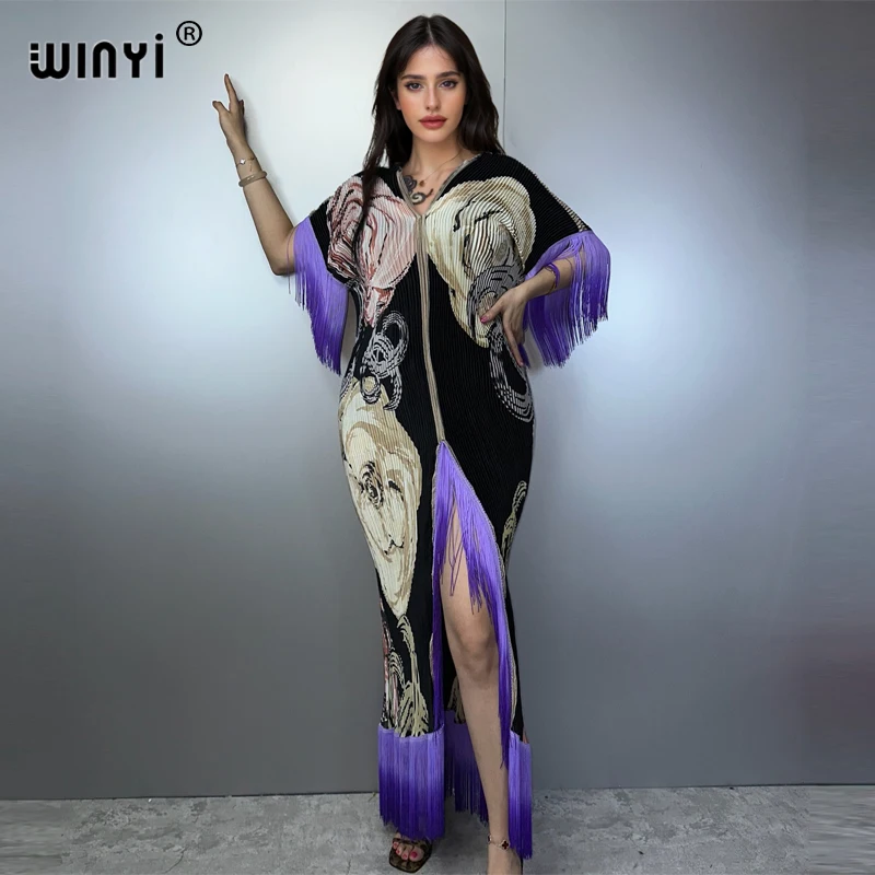 

WINYI Pleated Elastic loose Fringed dress holiday beach cover up maxi kaftan abaya dubai luxury party dresses boho evening dress