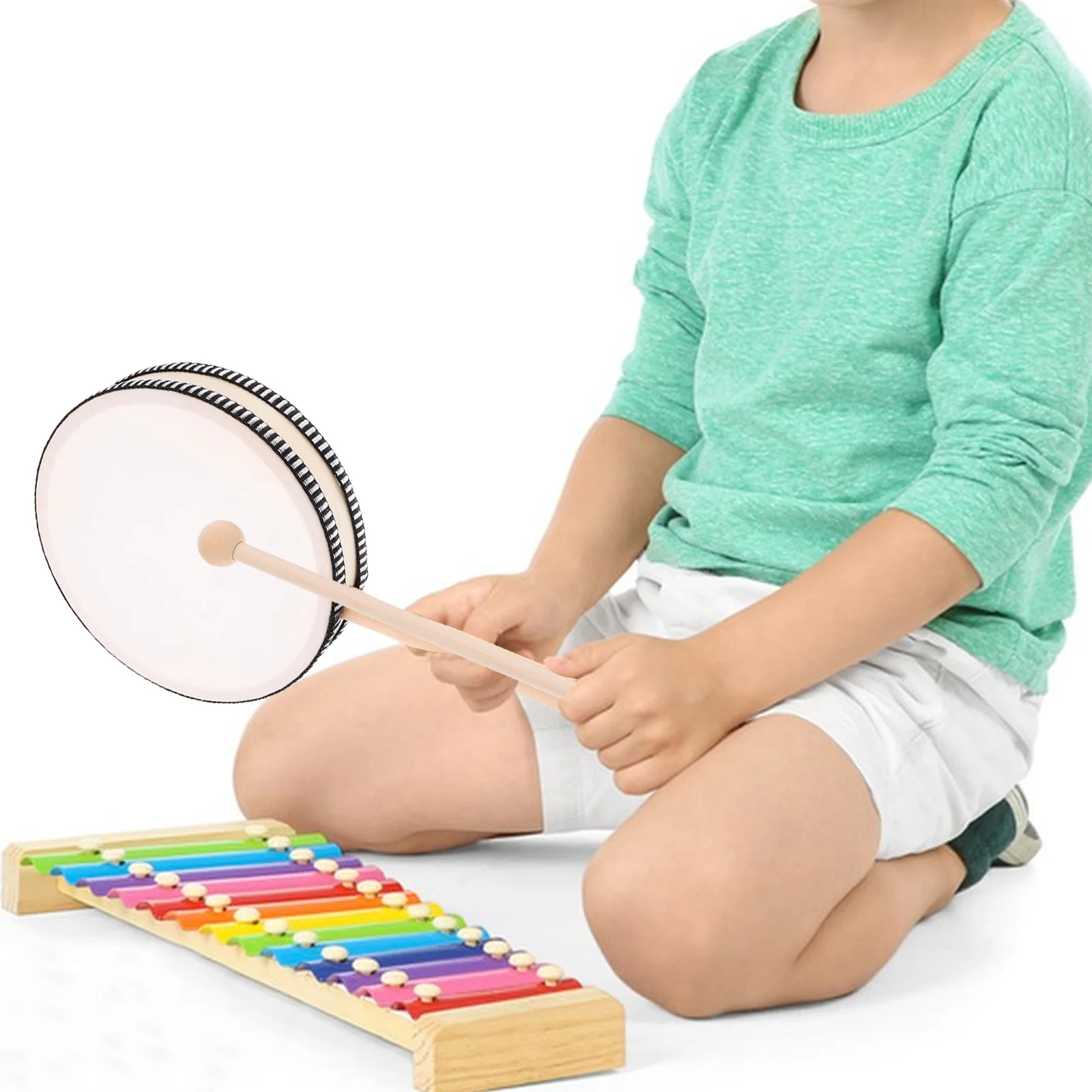 

Wooden Hand Drum Set with Stick for Kids Music Enlightenment Hand Percussion Instrument Toddler Educational Toy Musical Drums