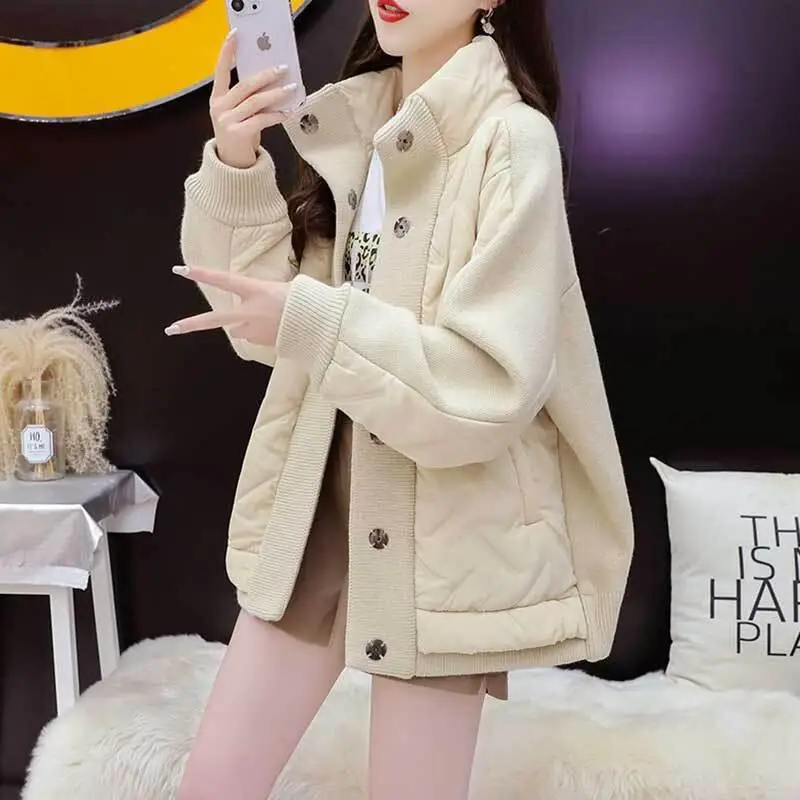 

High Neck Sweater with Spliced Cotton Jacket 2026Autumn Winter New Women Short Fashion Loose Knit Splicedcotton Jacket Thicktops