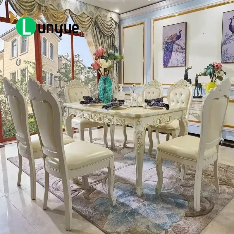 Modern European Adjustable Rectangular Dining Table Set with 6 Chairs Luxury Solid Wood Marble Top for Villa Living Room