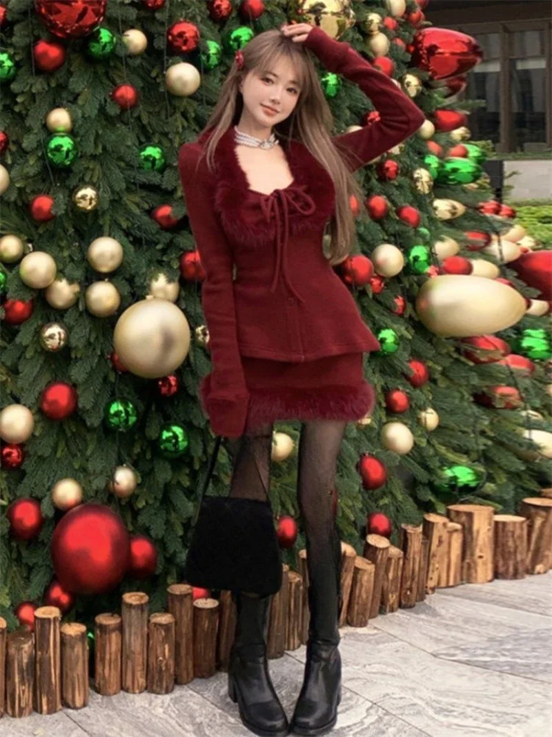 

Sweet Fashion Plush Patchwork Top Skirt Two-piece Set Women Korean Soft Drawstring Shirring Slim Solid Christmas New Year Suit