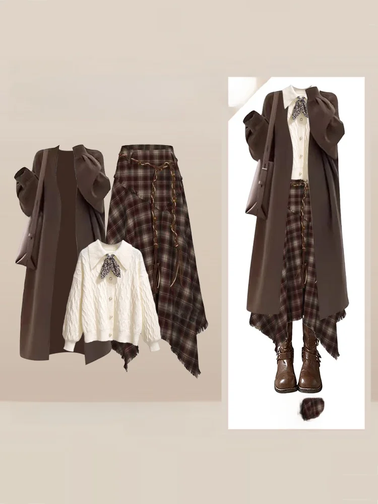 الكورية Sle ميدي منقوشة تنورة مجموعة المرأة الشتاء Faion عالية الخصر سليم صالح سترة معطف مطابقة الزي طويل Sve irt