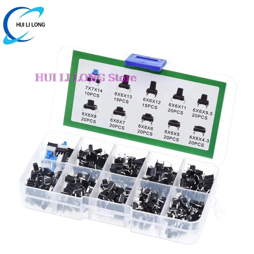 1BOX= 180PCS 10 Type 6*6 Light Micro Touch Switch Set Push Button Switch Kit Assortment Set DIY Accessories 6x6 Keys Tact ON/OFF