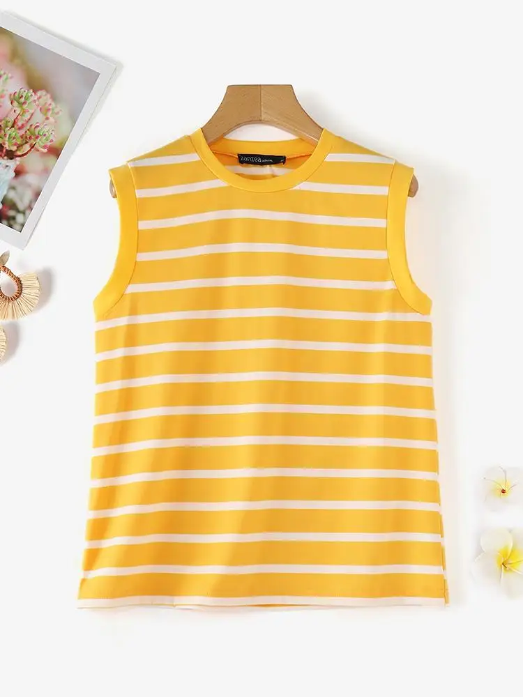 Casual Holiday Party Shirt ZANZEA Fashion Summer Tanks Tops Women Vintage Sleeveless Striped Blouse Female Beach Blusas Camis