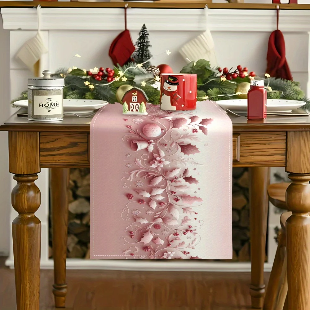 1 Piece of Pink Christmas-Themed Table Runner, Light Pink with Delicate Floral and Berry Patterns, Suitable for Christmas Dinner Parties, Girls' Tea Parties, Girly Home Decor, Holiday Markets, Cozy Cafes, Homestay Decorations, Parent-Child Dining, and Craft Studios