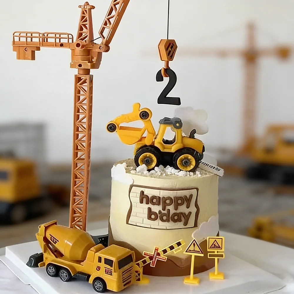 Tortendekoration mit Baufahrzeugen: Kran, Bagger, Tankwagen für Kinder, Jungen, Erster Geburtstag, Kuchendekoration, Geschenk, Requisiten