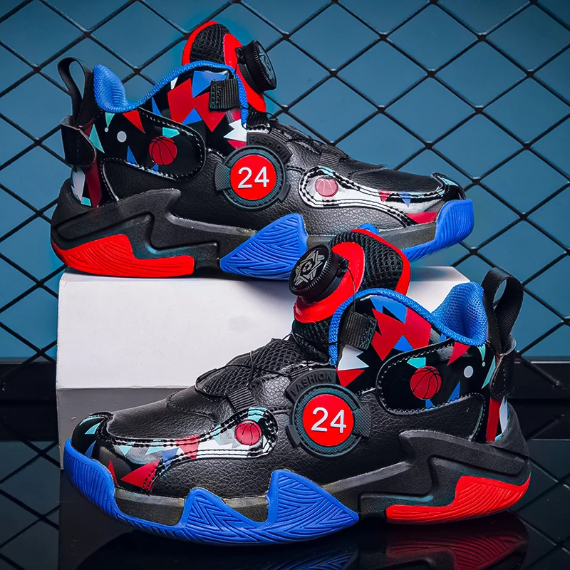 Fashion Colorful Kids Sneakers Boys Rotary Button Basketball Shoes Thick Sole Children Sports Shoes Non-slip Kids Trainers Shoes