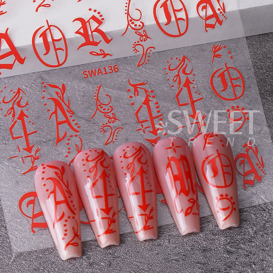 2/5 قطعة القوطية الرومانية رسالة مسمار ملصقات Y2K أسود أحمر الأبجدية تصميم ذاتية اللصق ملصق مائي الكلمات الإنجليزية DIY بها بنفسك مانيكير الديكور