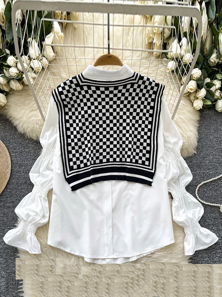 Women's Korean 2 Pieces Set Bubble Puff Sleeves Shirt Knitted Vest Striped Plaid Small Shawl Two-piece Set Tops Female TP014