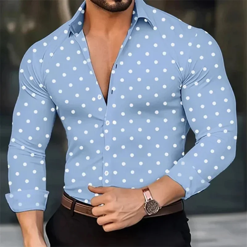 2024 Autumn New Men's Polka Dot Printed Long Sleeved Shirt Hot Selling Simple Basic Single Breasted Top MB12