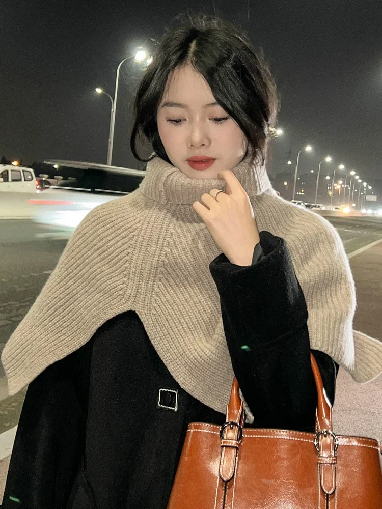 Women 100% Wool Short Poncho Turtleneck Shawl Wraps Thick Ribs Knitted Accessories Cape Soft Wool Scarf Neck Warmer Cappa 2023