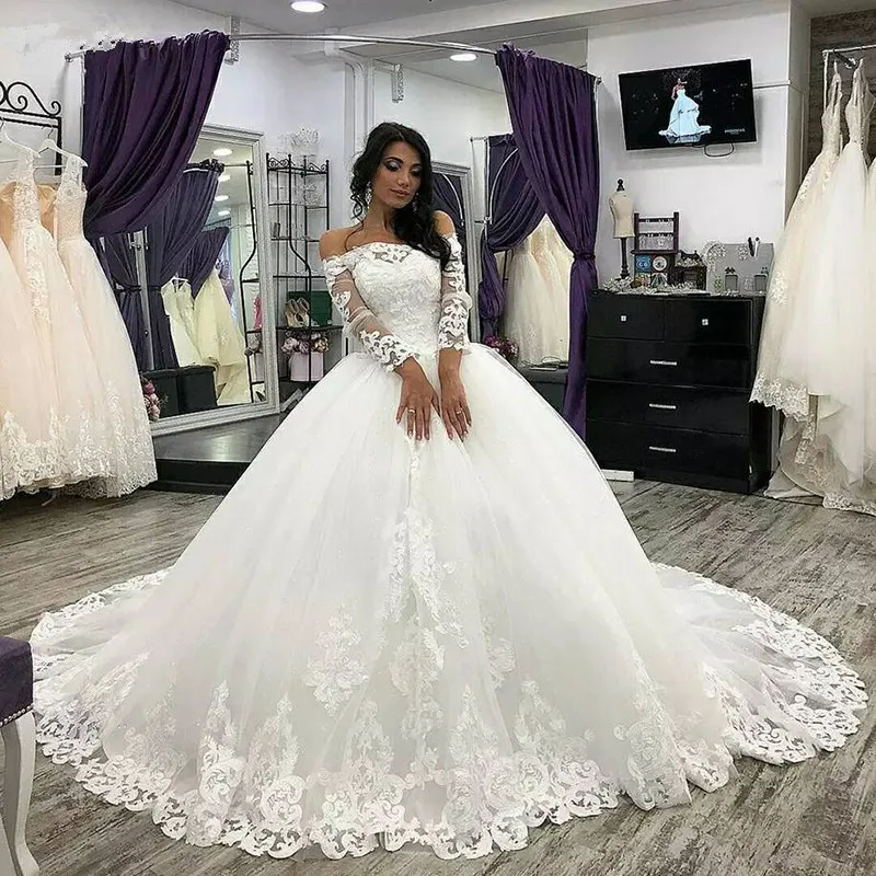

Customized Long Sleeve Vestidos De Novia Applique Vestido De Noiva Off Shoulder Wedding Dress Lace Robe De Mariée