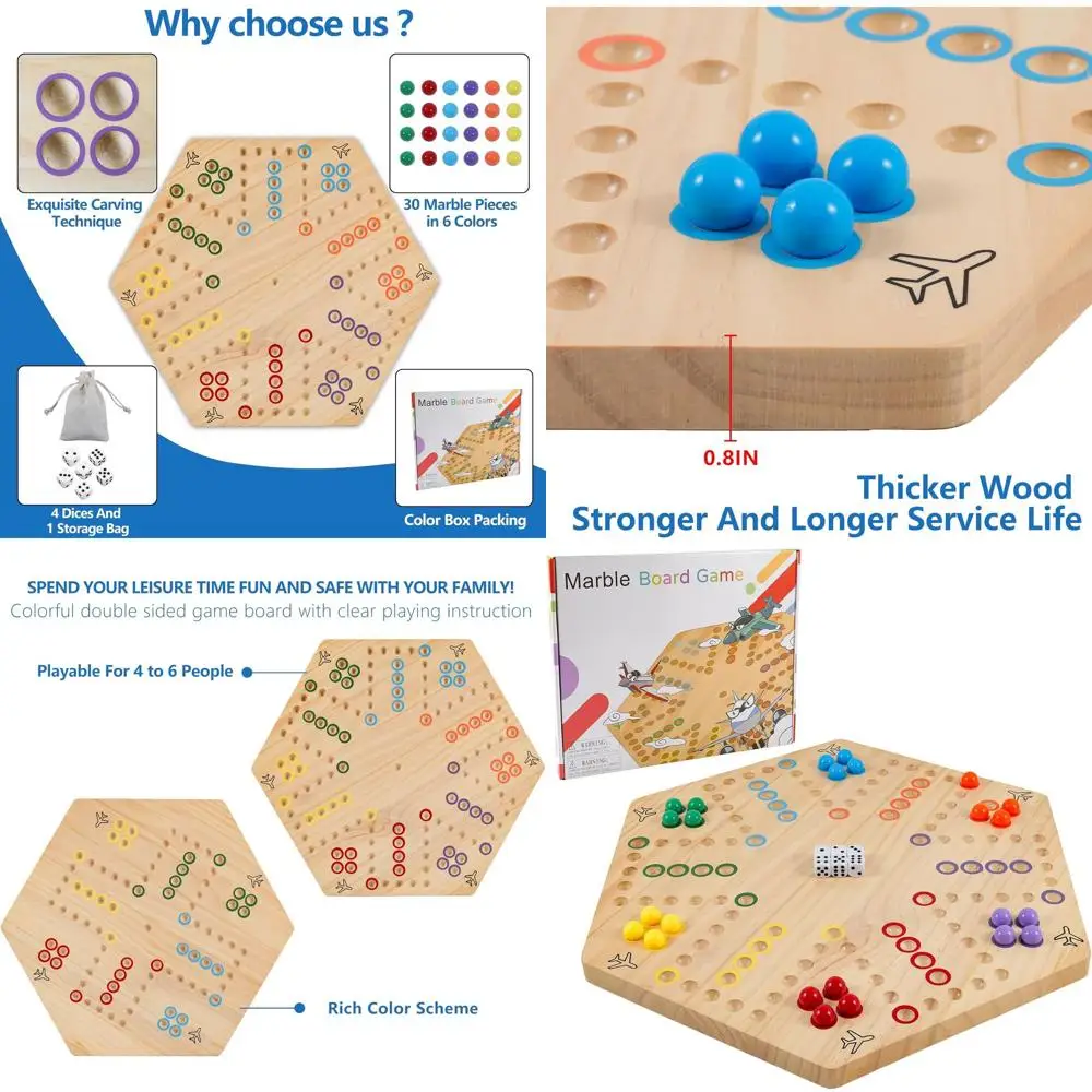 

Double-Sided Wooden Wahoo Game Board, 20, 4-6 Players, Classic Marble Strategy Game with 6 Dice & 24 Marbles for Family Fun