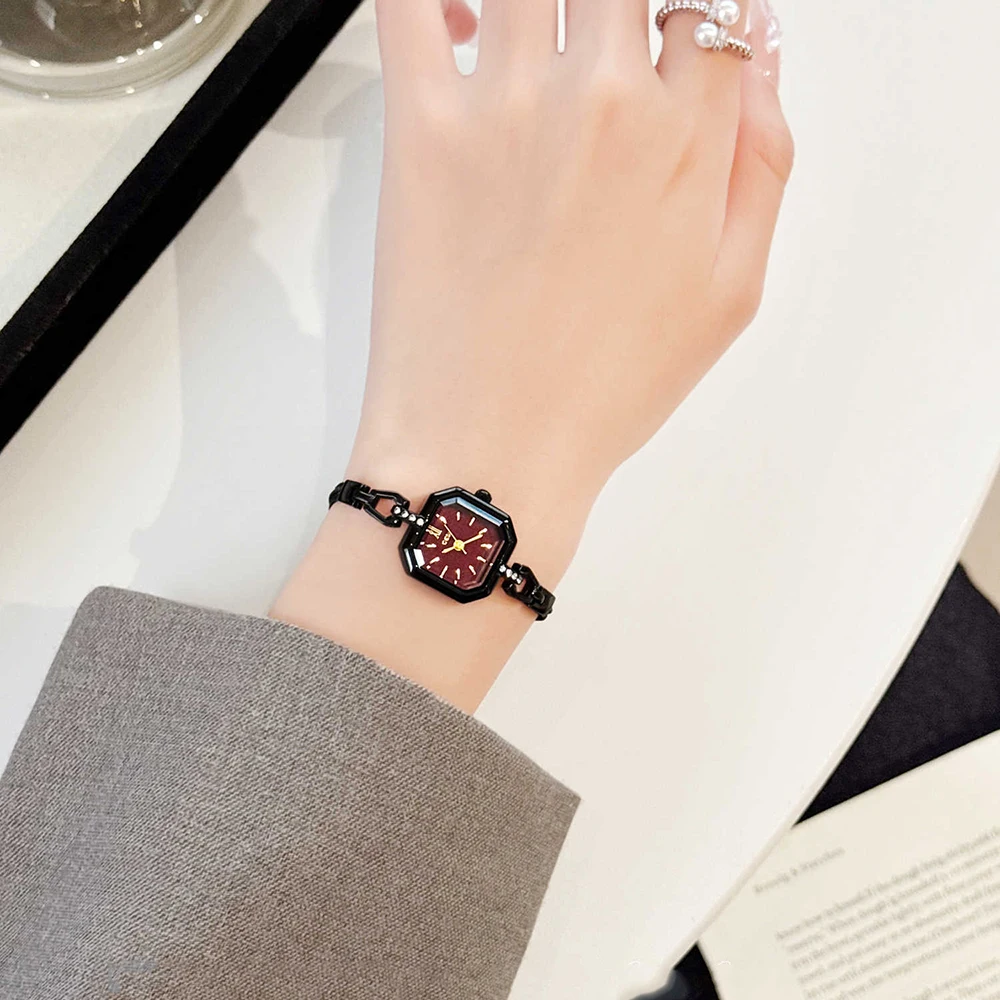 GEDI Vintage Octagonal Watch for Woman Rhinestone Inlay Braided Metal Chain Bracelet Dark Style Niche Fashion Women Watches Gift
