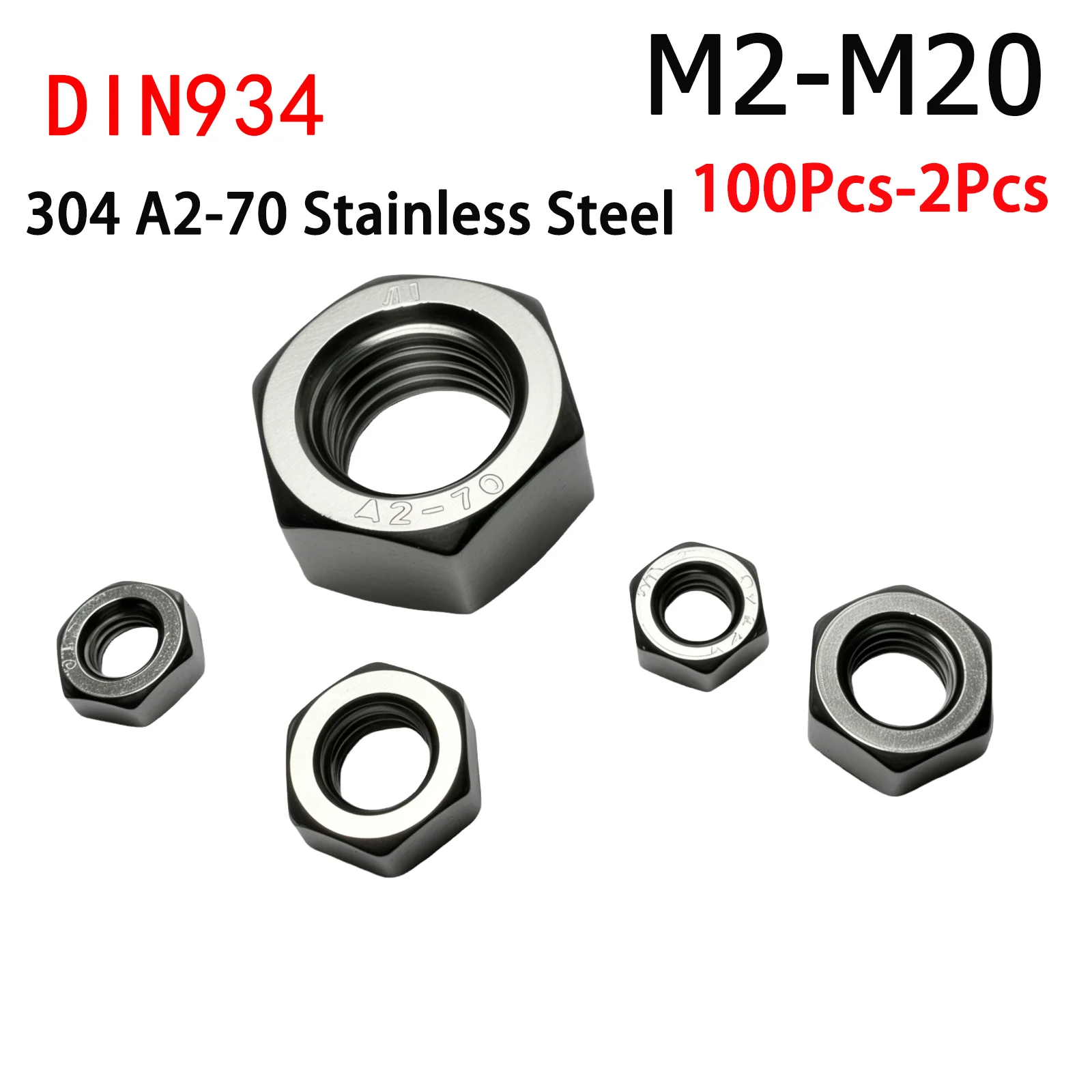 

2/5/15/25/50/100Pcs M2 M3 M4 M5 M6 M8 M10 M12 M14 M16 M20 DIN934 304 A2-70 Stainless Steel Hex Hexagon Nut