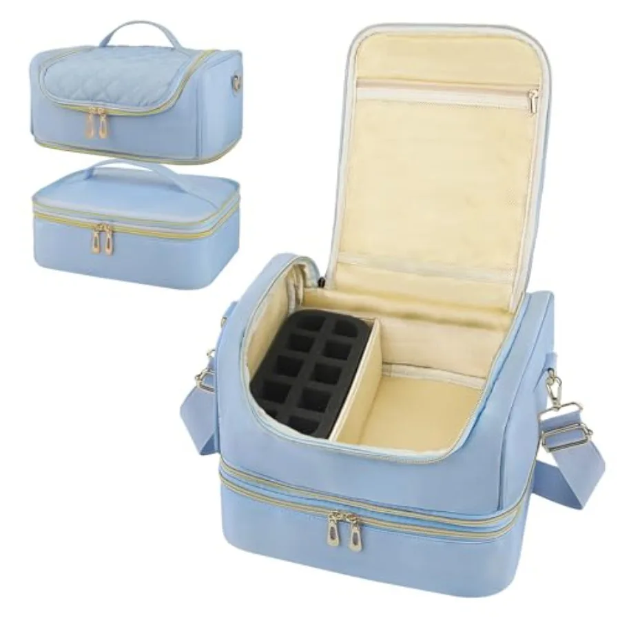 

Double Layer Nail Polish Organizer Case Storage Box for 45 Bottles with Nail Lamp Portable Blue Nail Kit Storage Bag for Manicu