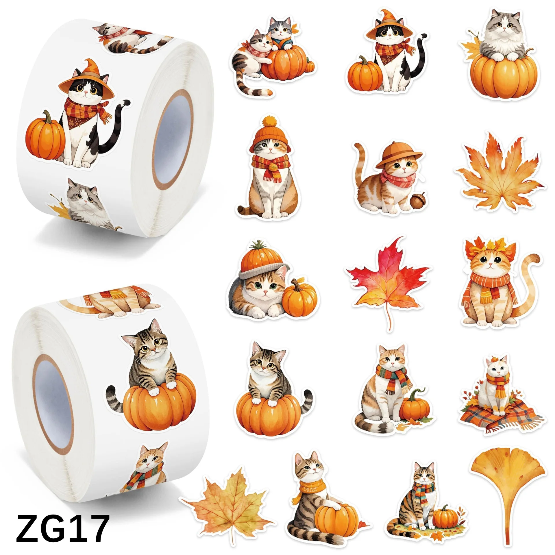 500 Stück/1 Rolle 2,5 cm/1 Zoll Herbst-Ahornblätter und Katzen-Aufkleber, Dekoration, Geschenkbox-Aufkleber, Etikett, Schreibwaren-Aufkleber