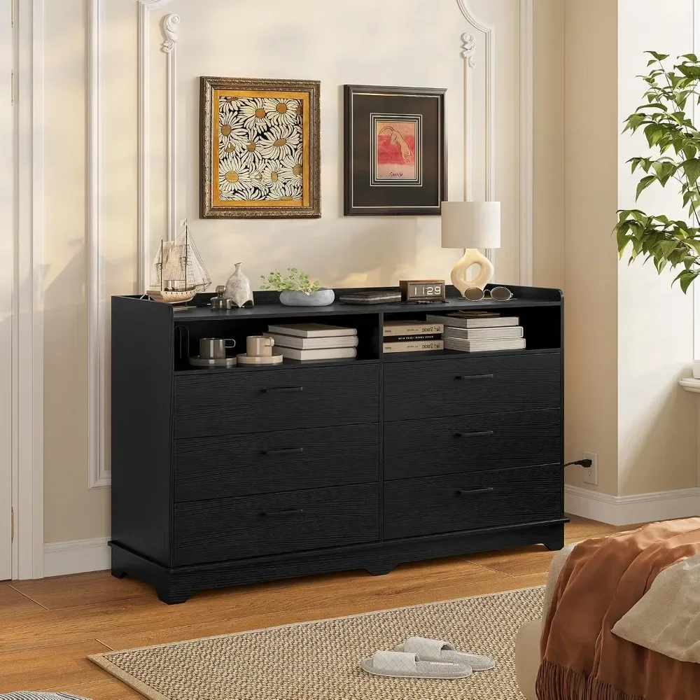 Bedroom Dresser with 6 Drawers and 2 Cubbies, Black Modern Chests of Drawers with Sturdy Pedestal