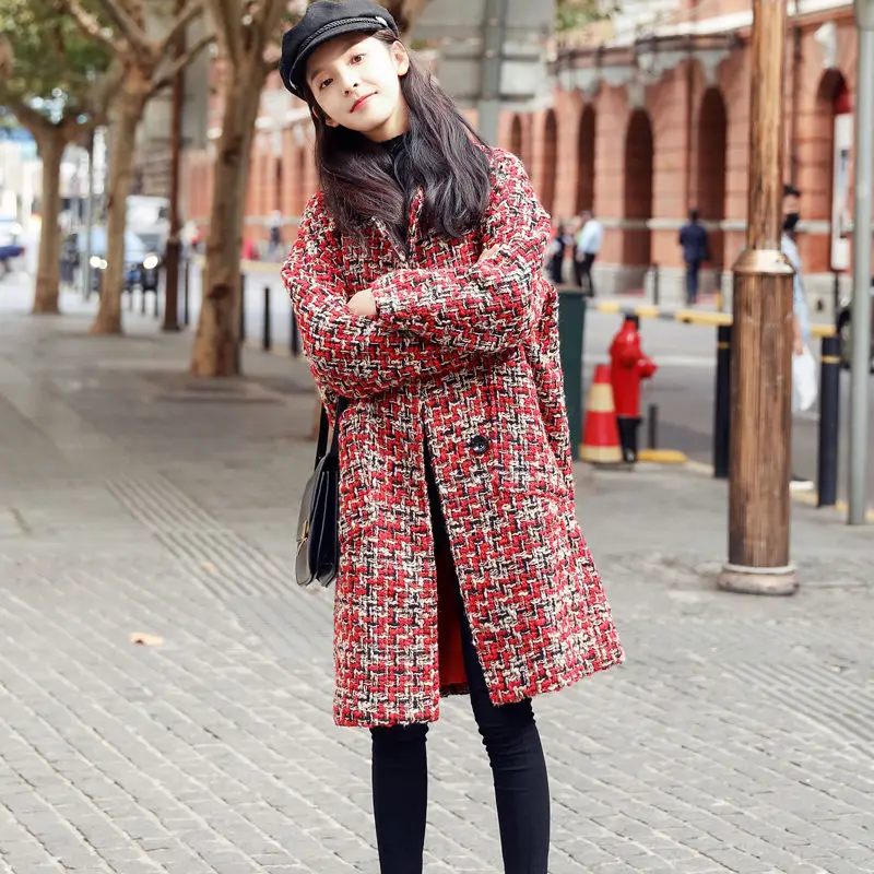 

Houndstooth Coat Women Outwear 2023 New Autumn Winter Tweed Windbreaker Female Overcoat Loose Long Plaid Woolen Jacket Casaco