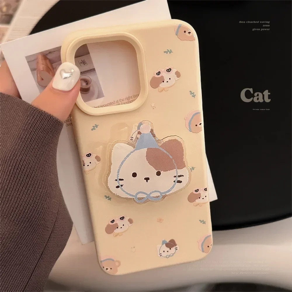 Funny cream Yellow Cat Sunglasses kitten Bracket shell Phone Case For iPhone 16 15 14 13 12 Pro Max Case Cute Cartoon Soft Cover