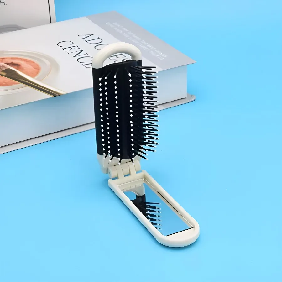 

2-in-1 Folding Hair Brush with Mirror – Portable Mini Travel Hairbrush – Compact Pocket Brush with Soft Nylon Bristles for Purse