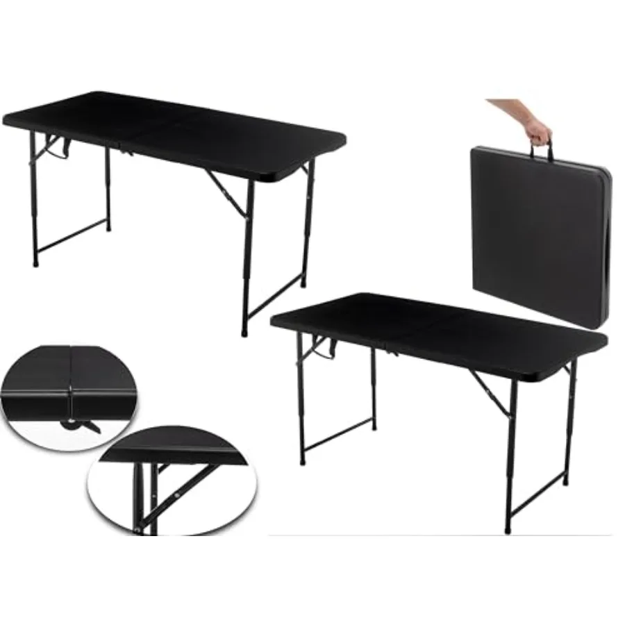 

4 Feet Fold-in-Half Folding Utility Table Height Adjustable Portable Plastic Table w/Carry Handles Lightweight Commercial Grade