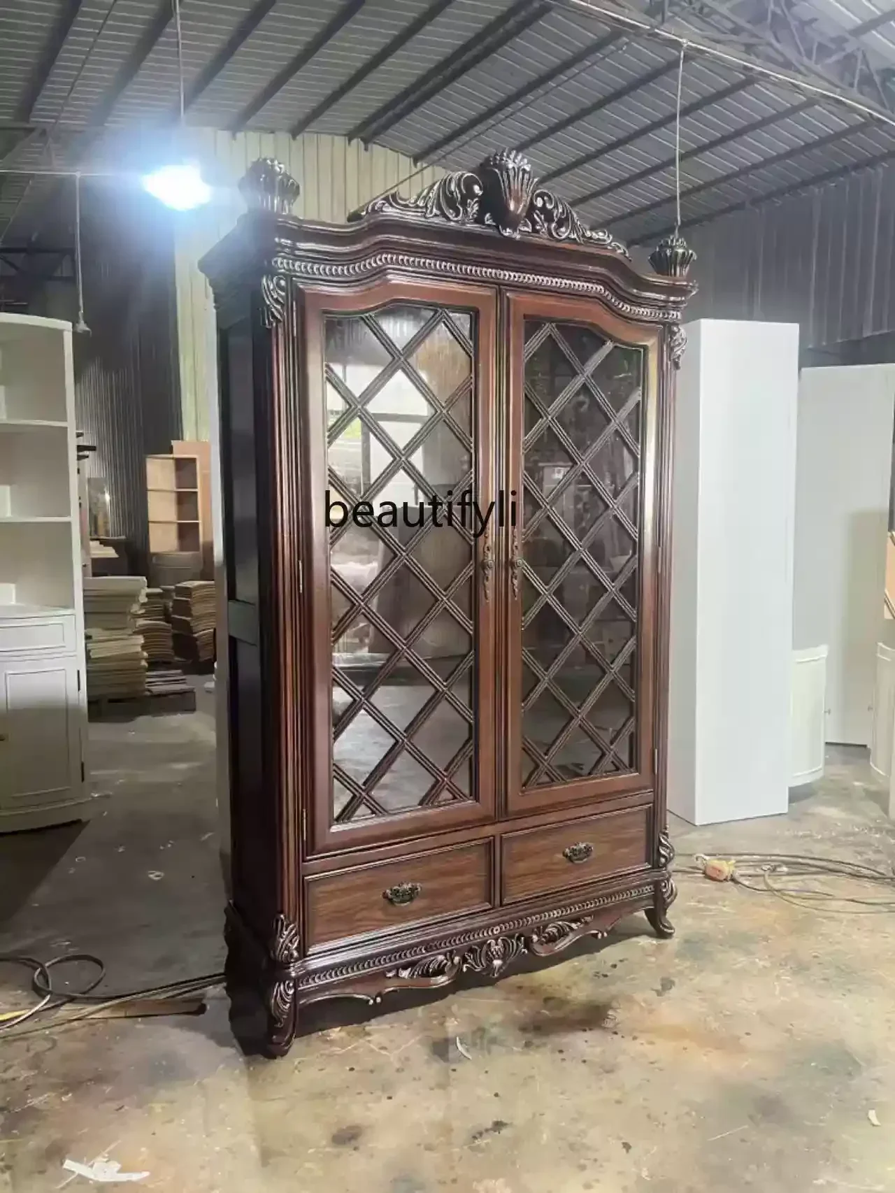 European Style Solid Wood Two-Door Living Room Dining Storage Home Display Cabinet Wall-Mounted Storage Cabinet Carved