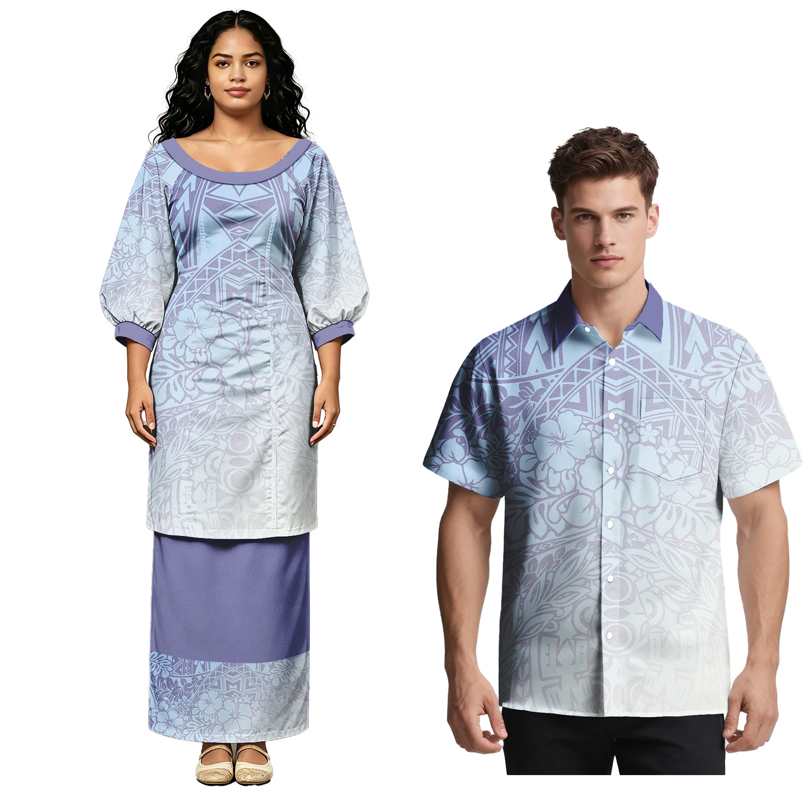 Church Prom Couple Suit Men Aloha Shirts Ladies Midi Sleeve Samoan Puletasi Dress Polynesian Tribal Design Couple Match Outfits