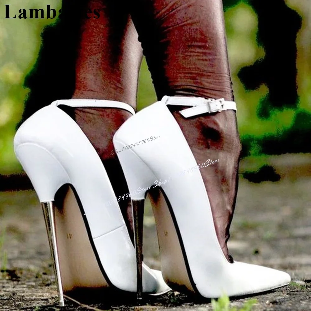 

New White Leather Metal Heel Pumps Stilettos High Heel Women Shoes Ankle Buckle Strap Pointed Toe 2024 Sexy Zapatos Para Mujere