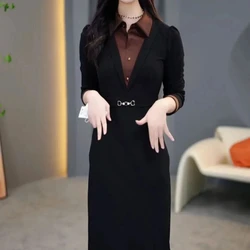 Women's High End Temperament Solid Color Autumn New Fashion Slimming Belly Covering Spliced Mid Length Long Sleeves Dresses