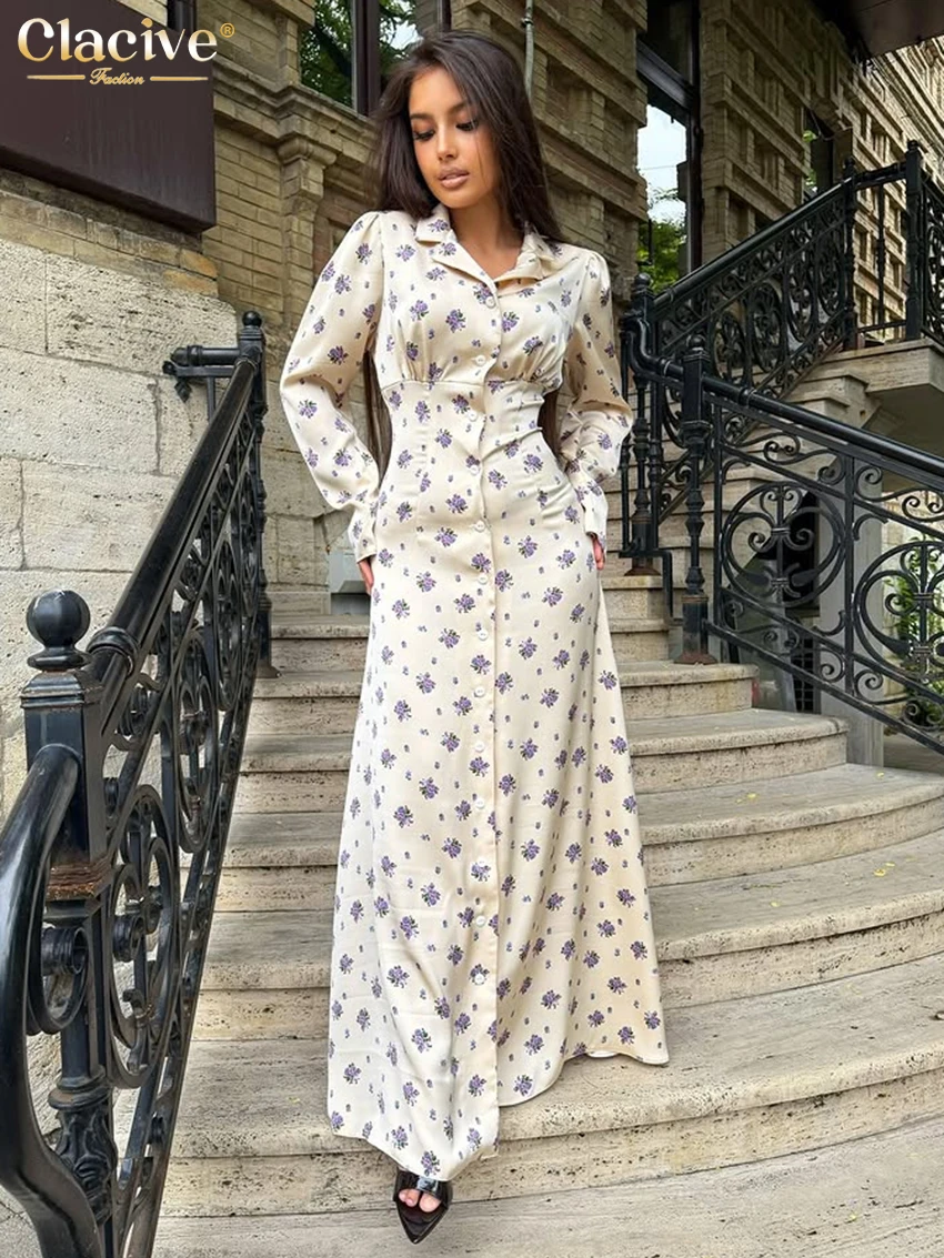 

Clacive Fashion Loose Print Women Dress 2025 Casual Lapeel Long Sleeve Maxi Dresses Elegant Classic Single-Breasted Female Dress
