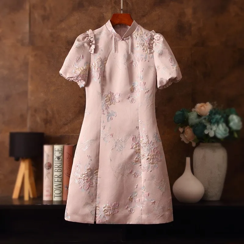 New Chinese Retro Stand-up Collar Jacquard Tree Fungus-like Lacework Dress Modified Female Cheongsam