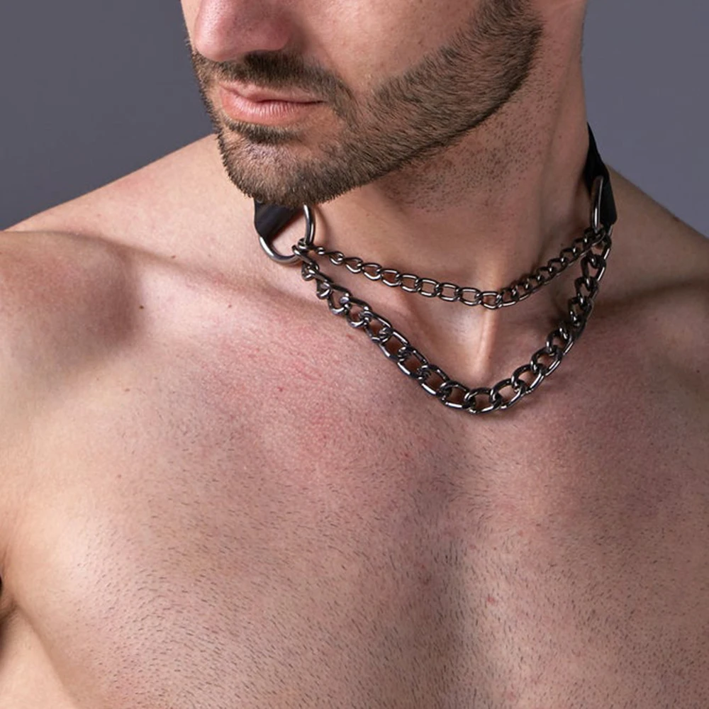 Black Body Harness Metal Leather Necklace Men\'s Role Play Harness Male PU Leather Bondage Suspenders Fetish BDSM Costume