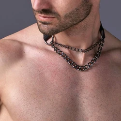 Black Body Harness Metal Leather Necklace Men's Role Play Harness Male PU Leather Bondage Suspenders Fetish BDSM Costume