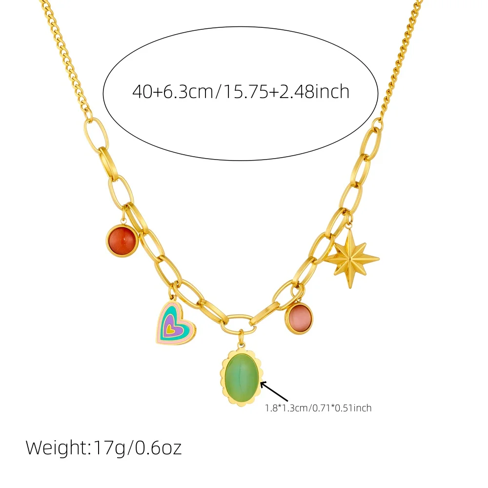 LAMENGLY 316L Stainless Steel Colorful Opal Heart Star Pendant Necklace For Women Elliptical Green Stone Glamorous Neck Chain