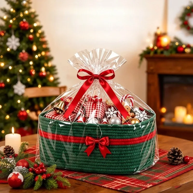 Cotton Rope Storage Basket Large Capacity with Handle Bowknot Ribbon Decor Christmas Gift Container for Xmas Gift