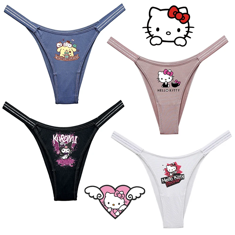 

Anime Hello Kitty Cinnamoroll Kuromi Thong Low Waist Sexy Half Pack Hip Underpants Fitness Exercise Hip Lifting High Fork Bikini