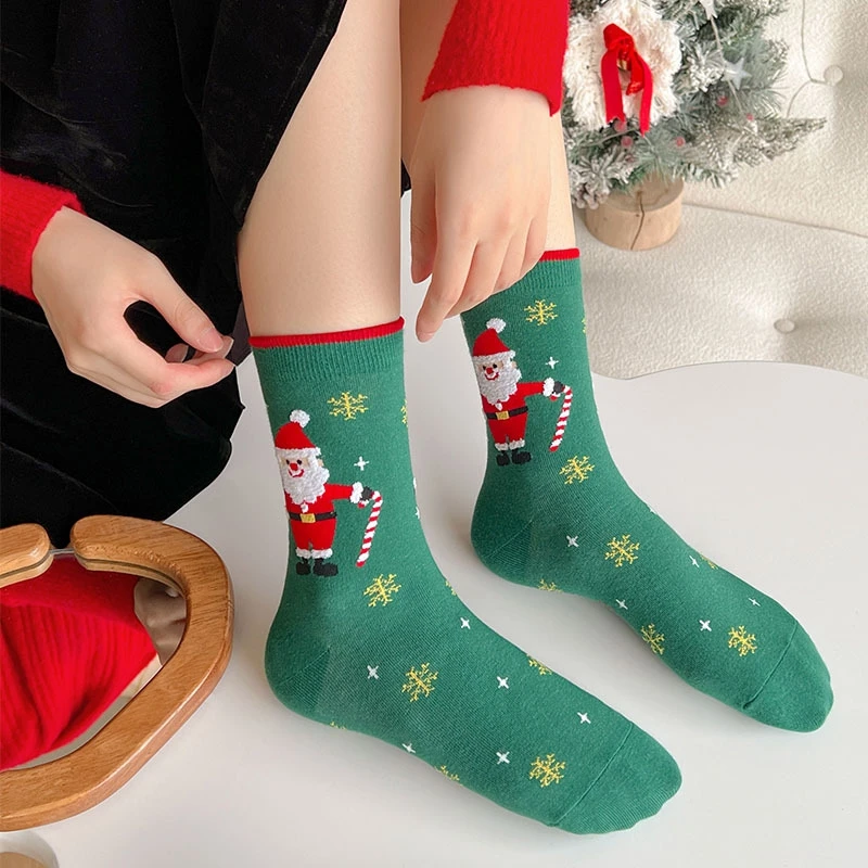 4 Pairs Christmas Socks for Women Winter and Autumn Festival Cotton Middle Tube Socks Set Happy New Year Red Green Pink Sock