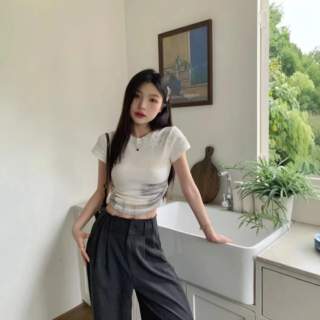 قميص نسائي بأكمام قصيرة وتصميم تاي داي ضيق، نمط عصري للأعمال والمنزل، مصنوع من النايلون والليكرا، أكمام عادية، قمة أنيقة للصيف