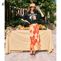 ELFSACK 2024 summer new arrival Flowers full of Indian fake style contrast color lazy casual seaside wear skirt for women